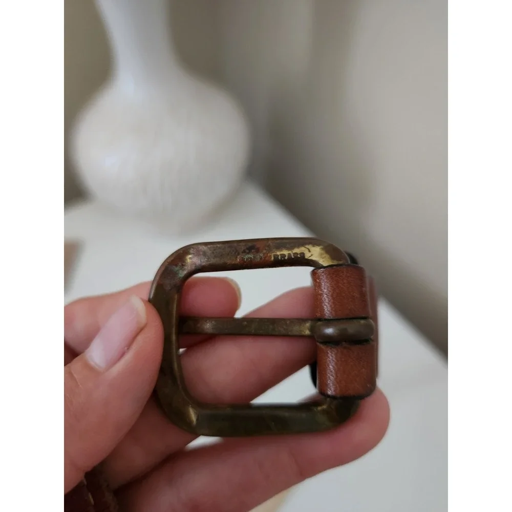 Leather Canvas Belt Men  Fish Embroidery Brass‎ Buckle Brown Size 36